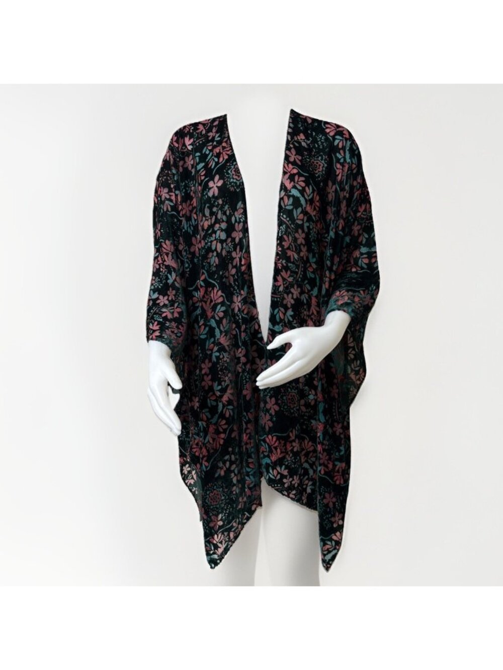 Torrid Duster Cover Up Womens OS Floral Velvet Burnout Kimono Green Rose Shawl